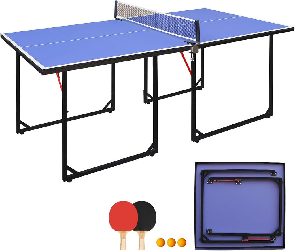 Foldable Ping Pong Table Portable 4.5FT/6FT/9FT Indoor MDF Table Tennis Table Multi-Purpose Family Game Table with Net, 2 Paddles and 3 Balls for Kid Teenager Adult