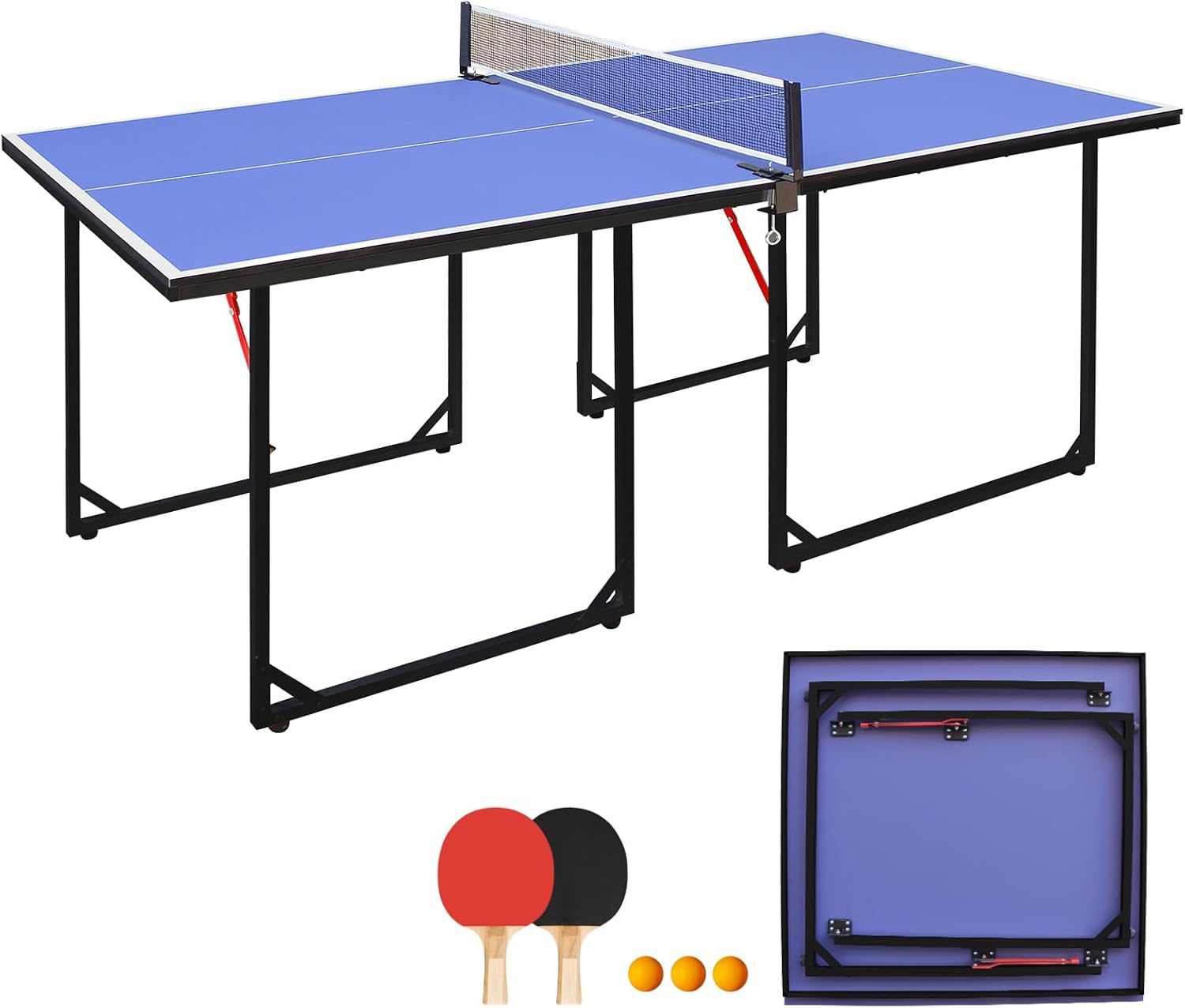 Foldable Ping Pong Table Portable 4.5FT/6FT/9FT Indoor MDF Table Tennis Table Multi-Purpose Family Game Table with Net, 2 Paddles and 3 Balls for Kid Teenager Adult
