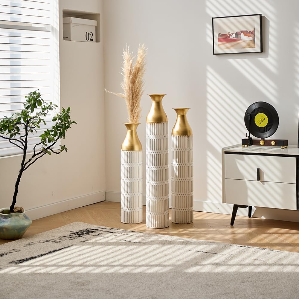 Floor Metal Decorated Vases Set of 3 for Gorgeous Home Decoration Large Glazed Metal Vases (Retro White)