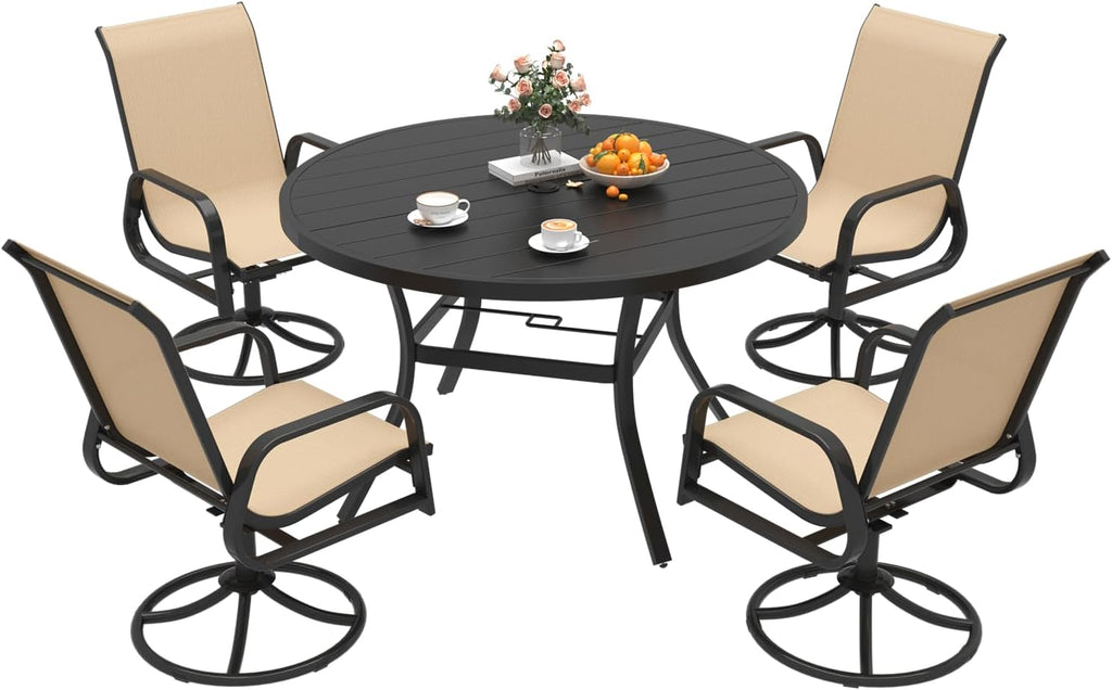 MELLCOM 5 Pieces Outdoor Dining Set, 4 Swivel Rocker Chairs with High Back Textilene & 42'' Round Metal Dining Table with Umbrella Hole, Patio Furniture Set for Deck, Beige
