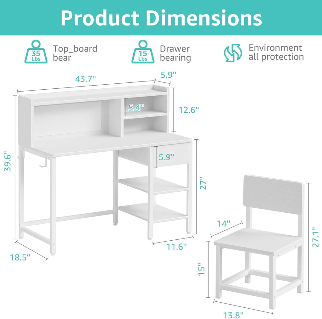BOLUO White Kids Desk and Chair Set for 6-12 Year Old, Children Study Desk with Hutch and Storage Shelf, Student Writing Table with Fabric Drawer for Girls Boys