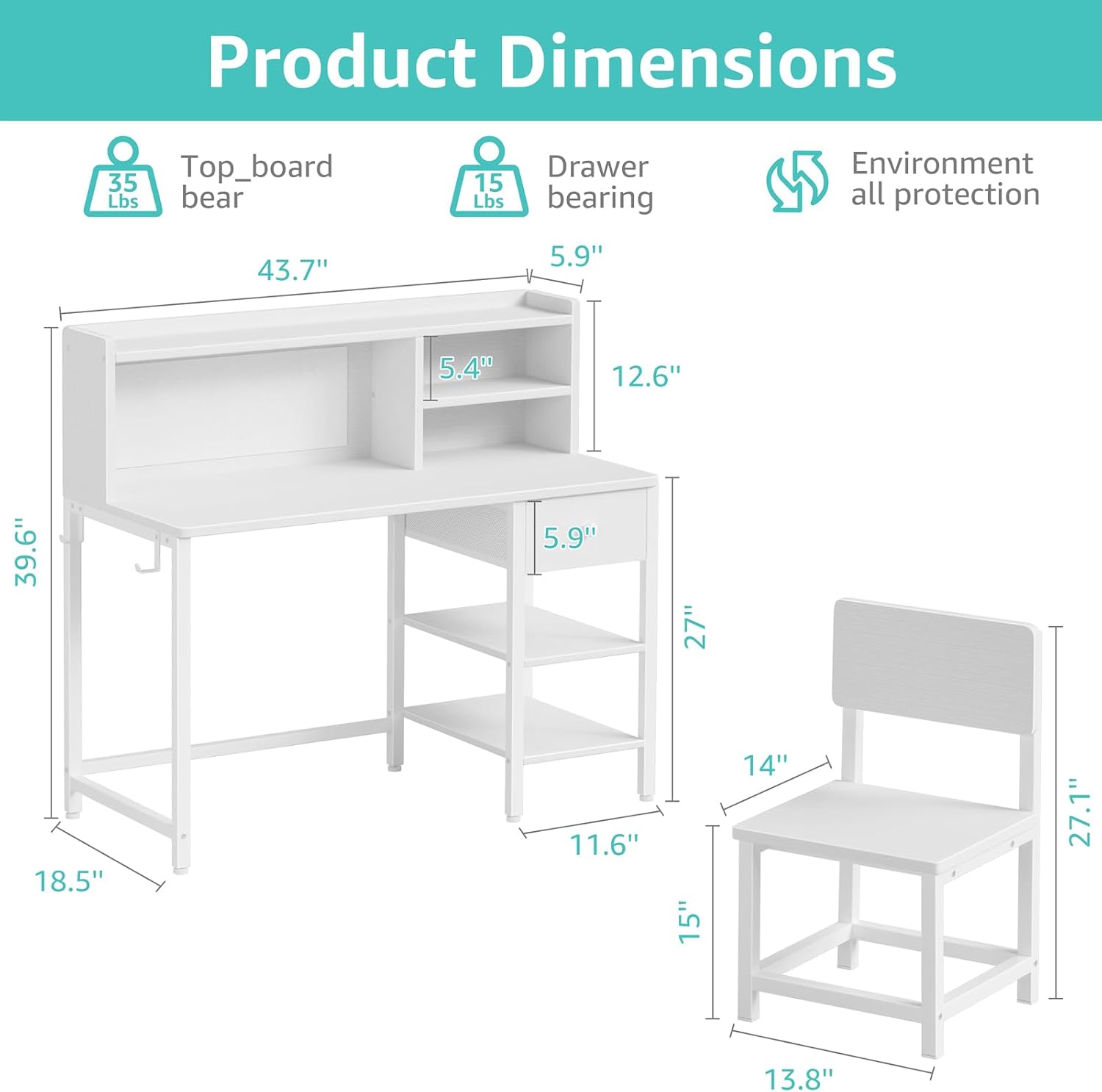 BOLUO White Kids Desk and Chair Set for 6-12 Year Old, Children Study Desk with Hutch and Storage Shelf, Student Writing Table with Fabric Drawer for Girls Boys