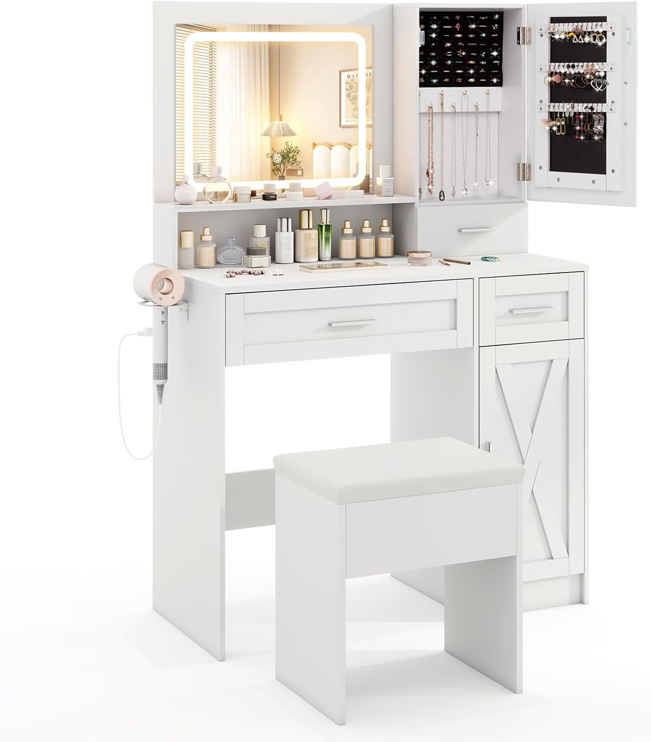 LOKO Farmhouse Vanity Set with Mirror & Lights, Dressing Table and Chair Set with 3 Lighting Modes & Adjustable Brightness, Charging Station & Hair Dryer Holder, Jewelry Cabinet, for Bedroom