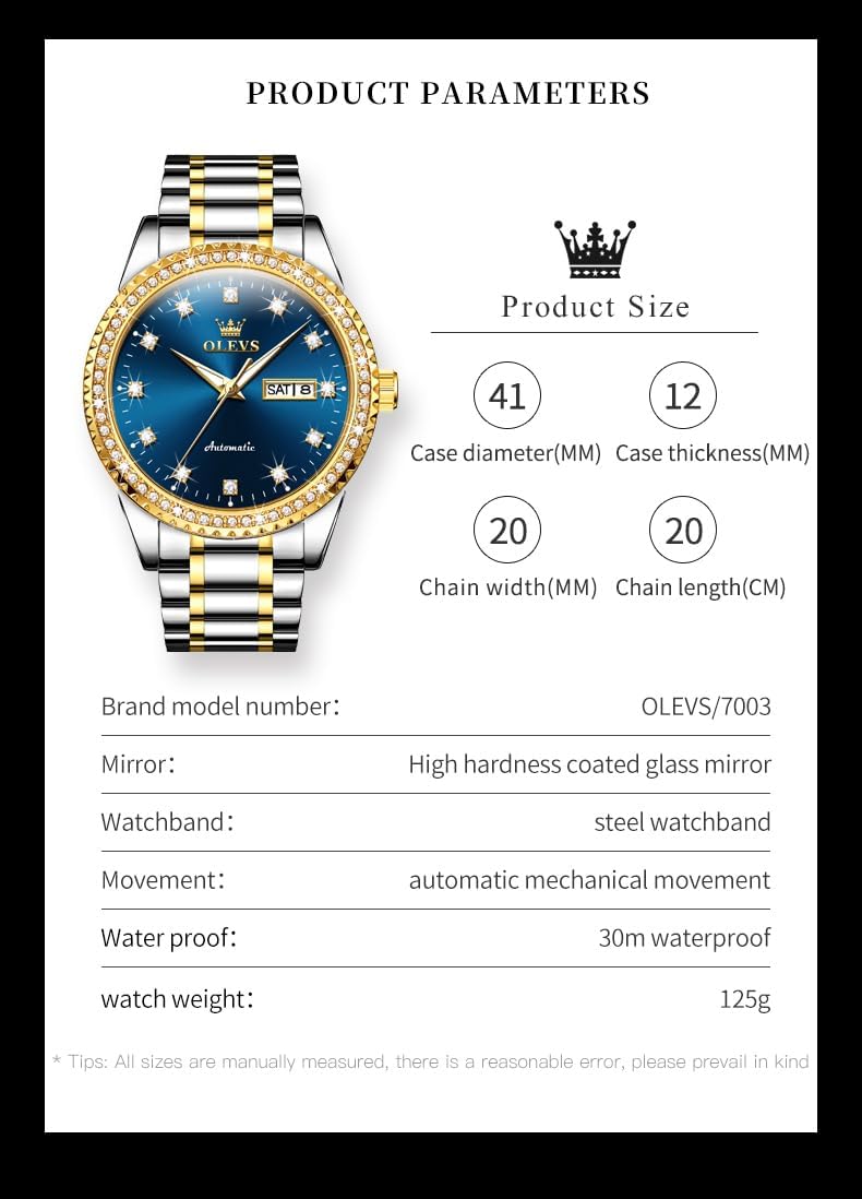OLEVS Watches for Men Analog Quartz Luxury Diamond Waterproof Chronograph Stainless Steel Big Face Square Date Moon Phase Roman Numeral Dress Mens Watches