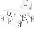 6 Feet Picnic Table Set with 2 Benches, 6ft Folding Camping Table Chair Set for Indoor Outdoor Use, 3-Piece 6 ft Portable Folding Furniture with Handles, White