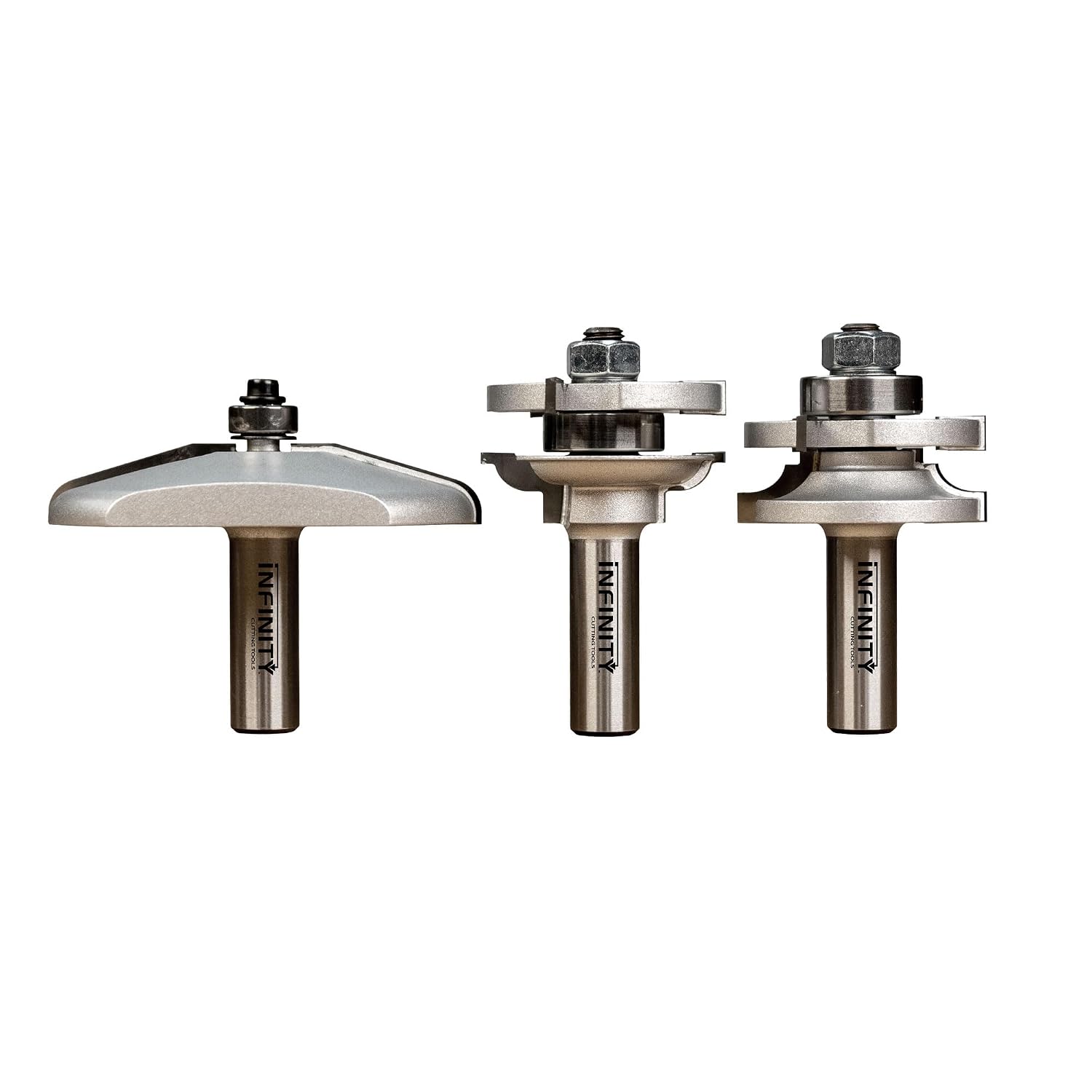 Infinity Tools 1/2' Shank 3-Pc Cabinet Door Router Bit Set – Factory-Matched Raised Panel & Rail & Stile Bits with Free Setup Block (Bevel)