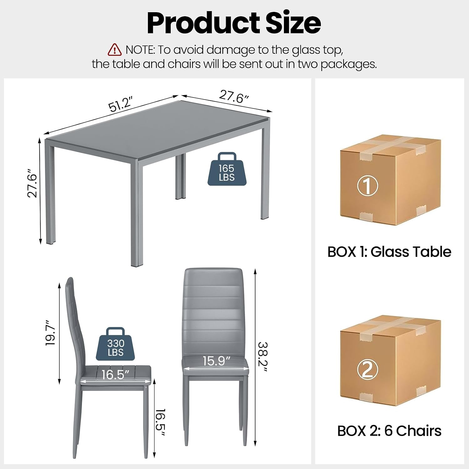 DKLGG 7-Piece Dining Table Set for 6, Tempered Glass Kitchen Table with PU Leather Chairs, Modern Dining Room Table Set for Small Space, Dinette, Apartment, Grey