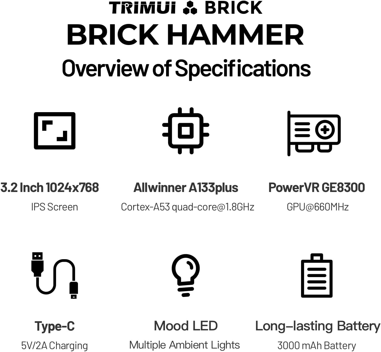 Trimui Brick Hammer Metal Body Handheld Game Console Retro Gaming Handheld 3000mah Battery Allwinner A133p 3.2' IPS RGB Lighting Vibration Pink