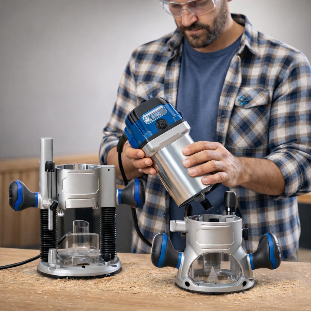 12 Amp Variable-Speed Fixed Base Router with Plunge Base Kit (HE041), 10,000–25,000 RPM, Soft Start, Microfine Depth Control – Compatible with HERCULES Routers