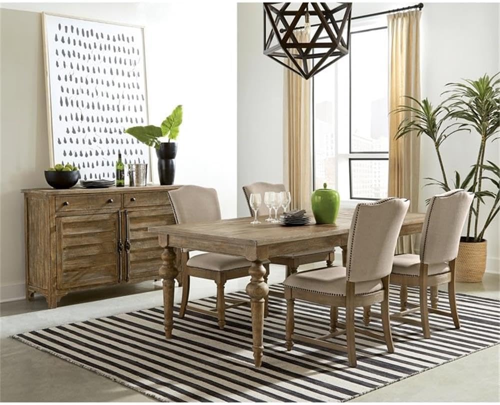 Pemberly Row Coastal Wood Dining Table, Snowy Desert Brown Finish, 30' H x 66'-84' W x 42' D, Pine Solid and Veneer, Cottage Style, Extendable with 18' Leaf, Rustic Chic Design for Dining Room Use