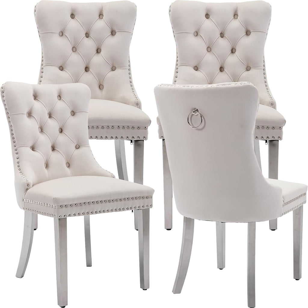 ODUSE-DAILY Velvet Dining Chairs Set of 4, Kitchen & Dining Room Chairs Set of 4, Tufted Dining Chairs, Velvet Upholstered, Chrome Metal Legs (Beige)