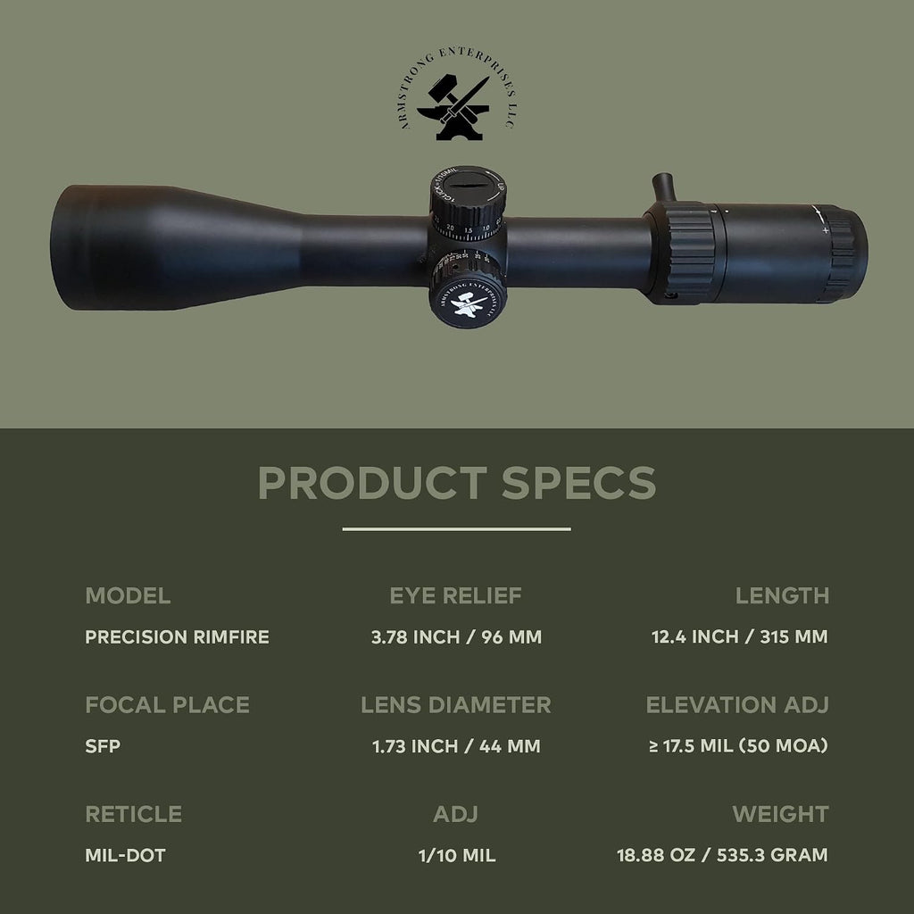 Armstrong Precision Rimfire: 4-16X44 Scope for .22LR. Side Focus for Appleseed Target Plinking Hunting and Competition Shooting Sports.