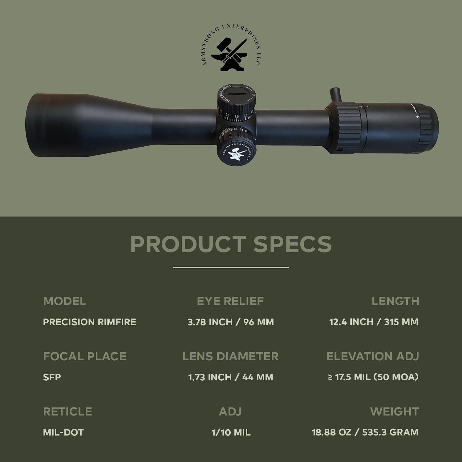 Armstrong Precision Rimfire: 4-16X44 Scope for .22LR. Side Focus for Appleseed Target Plinking Hunting and Competition Shooting Sports.