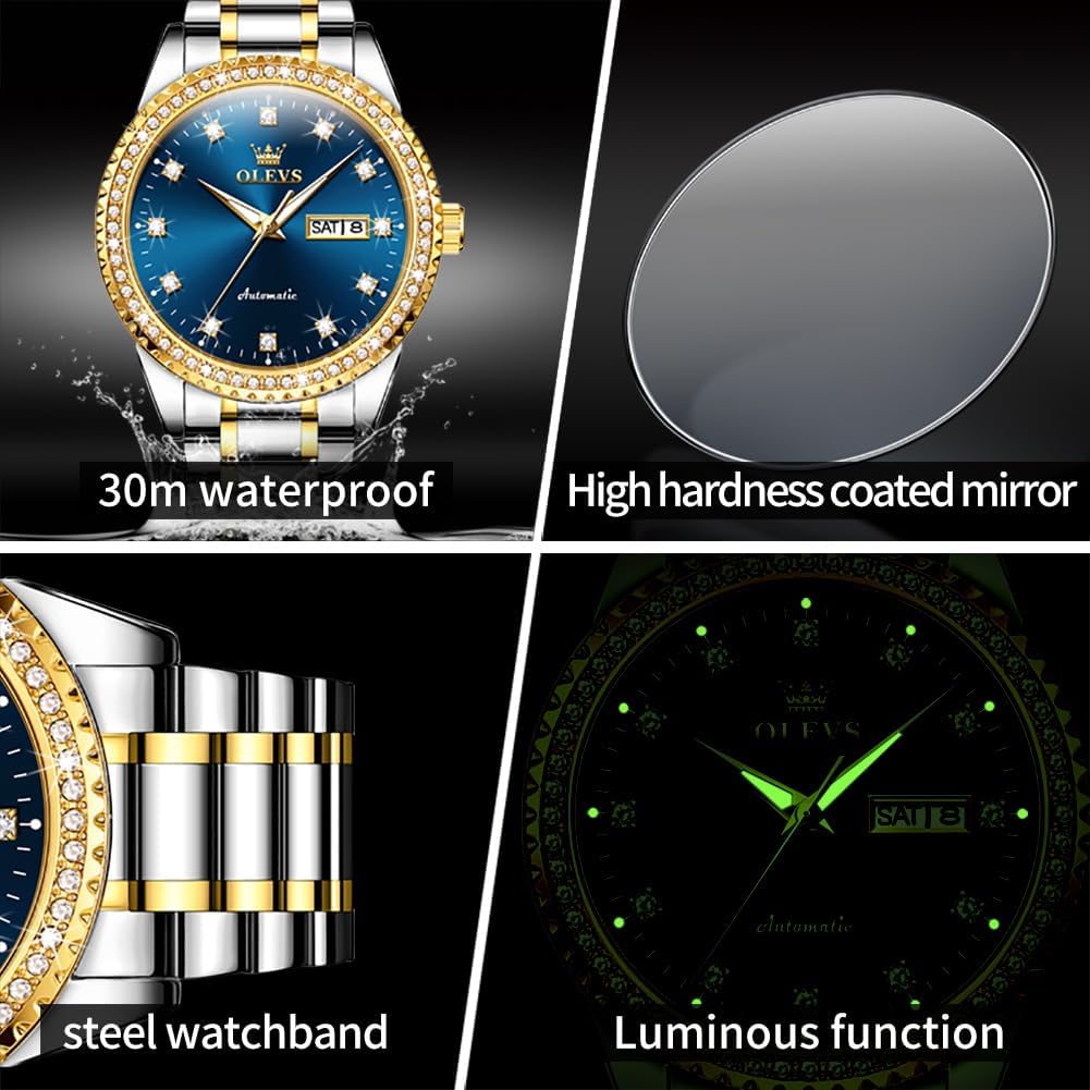 OLEVS Watches for Men Analog Quartz Luxury Diamond Waterproof Chronograph Stainless Steel Big Face Square Date Moon Phase Roman Numeral Dress Mens Watches