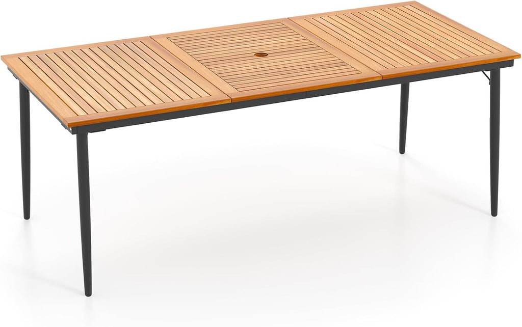 HAPPYGRILL Outdoor Dining Table for 6-8 People, Rectangular Eating Table with 2 inch Umbrella Hole, Sturdy Metal Legs, Patio Acacia Wood Dining Table, Perfect for Porch, Backyard, Garden