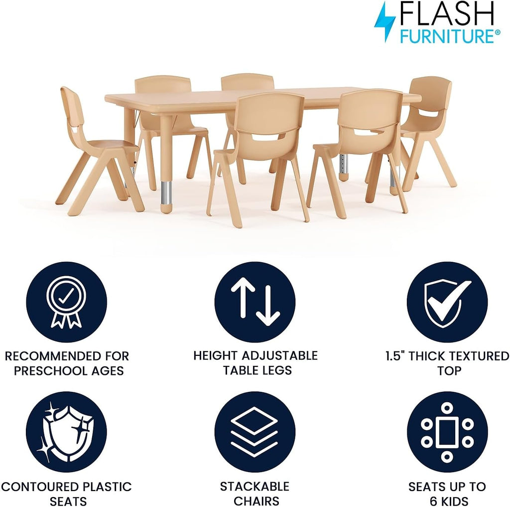 Flash Furniture Adjustable Classroom Activity Table with 6 Stackable Chairs, Rectangular Plastic Activity Table for Kids, 24' W x 48' L, Natural