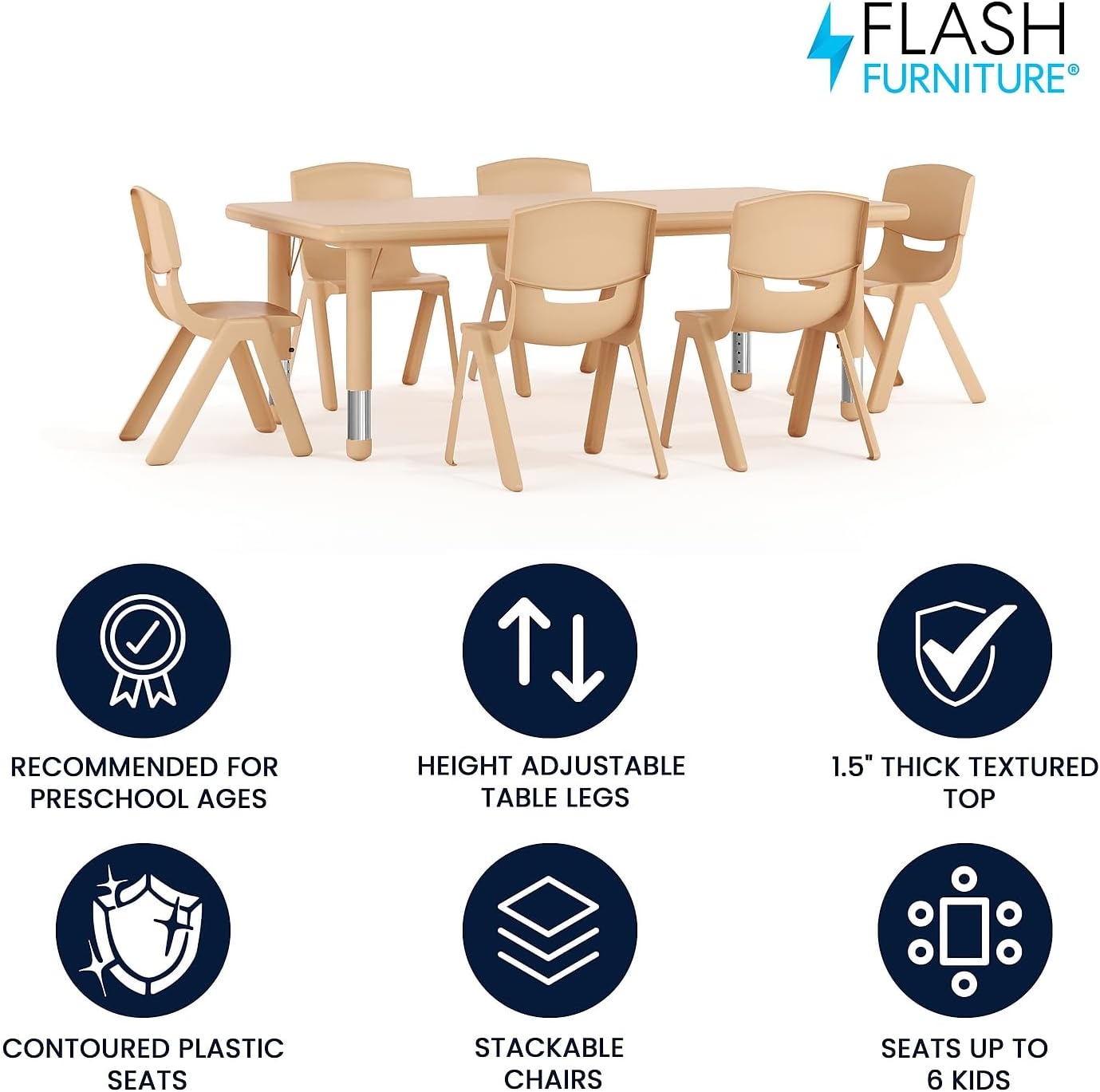 Flash Furniture Adjustable Classroom Activity Table with 6 Stackable Chairs, Rectangular Plastic Activity Table for Kids, 24' W x 48' L, Natural