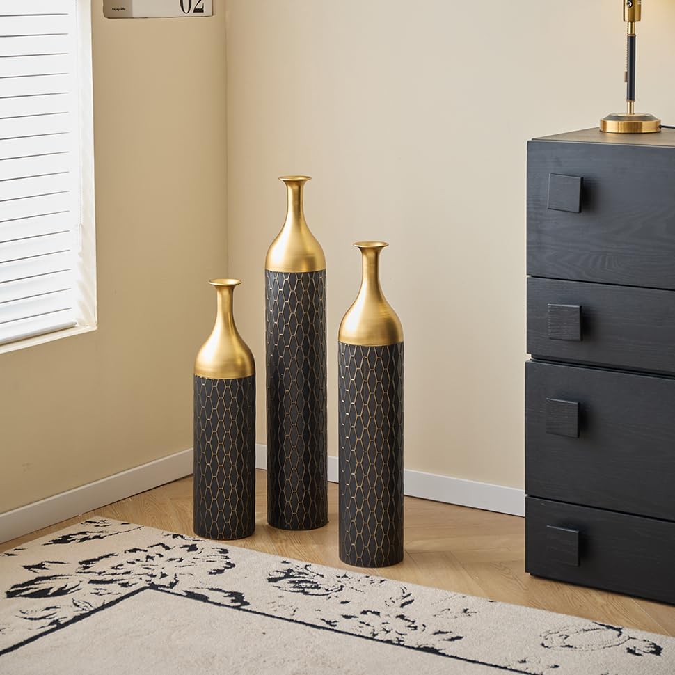 Floor Metal Decorated Vases Set of 3 for Gorgeous Home Decoration Large Glazed Metal Vases (Matte Black)