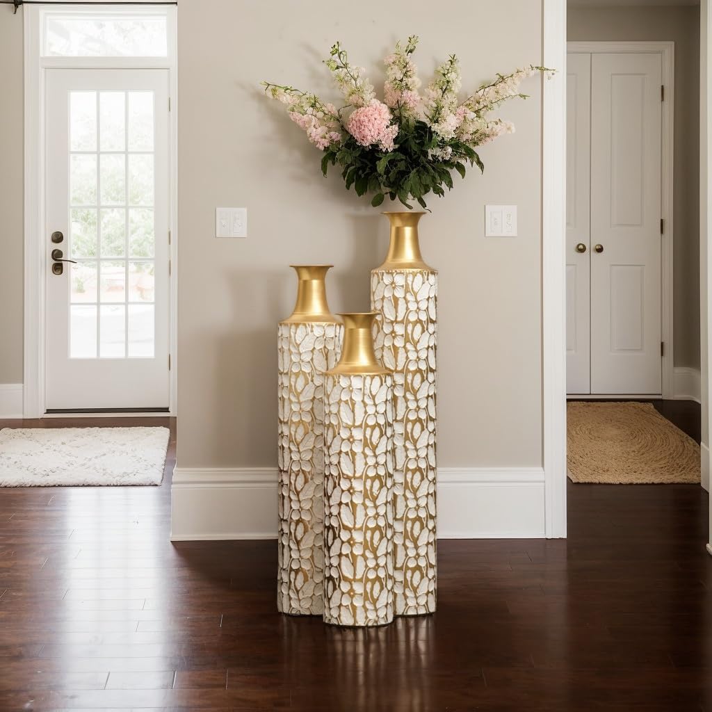 Floor Metal Decorated Vases Set of 3 for Gorgeous Home Decoration Large Glazed Metal Vases (Antique White)