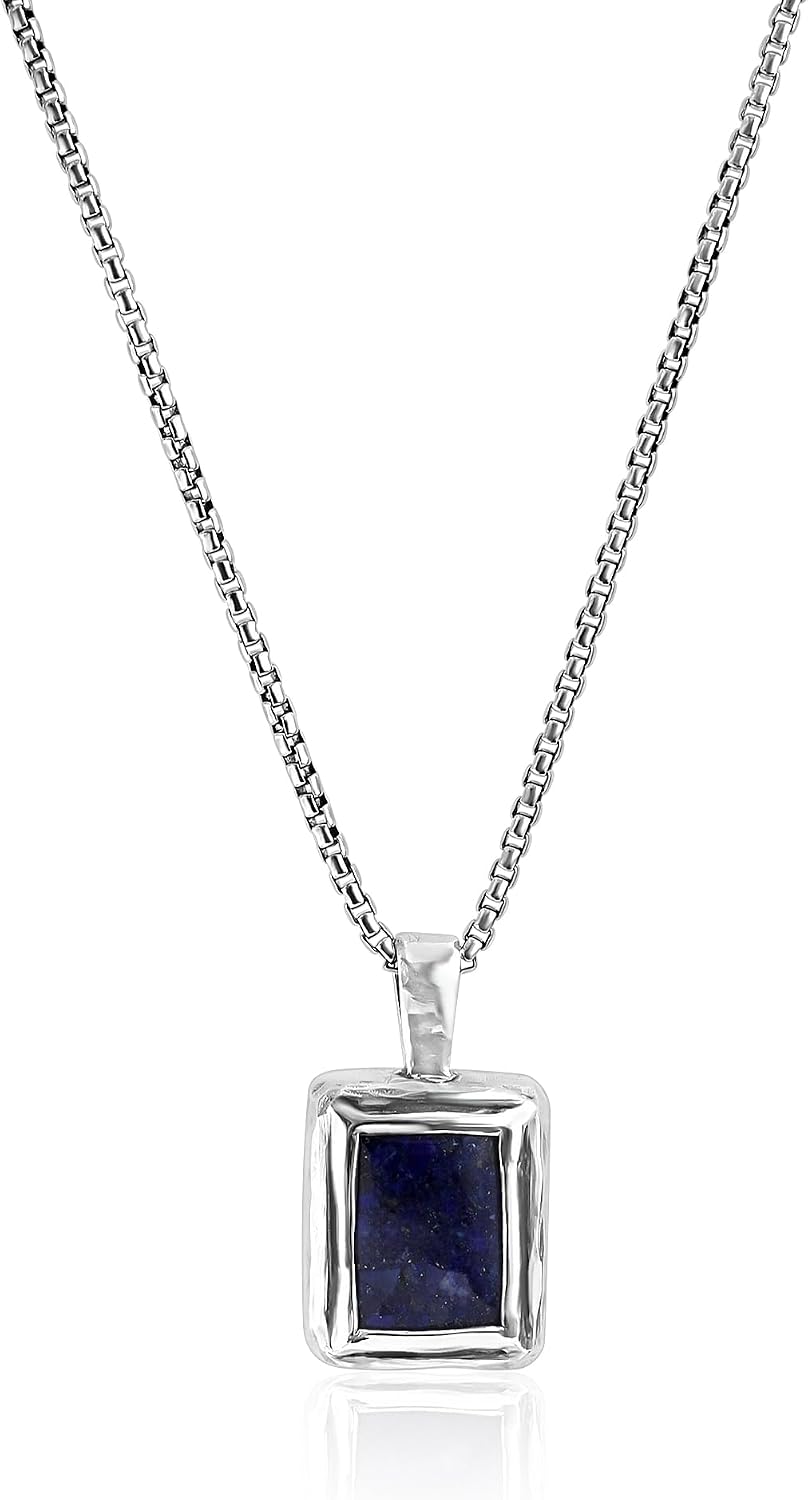 JEAN RACHEL JEWELRY Men's 2-Piece Necklace Layering Set - Solid 925 Sterling Silver Hammered Link Chain & Lapis Lazuli Beads - Curated Stack