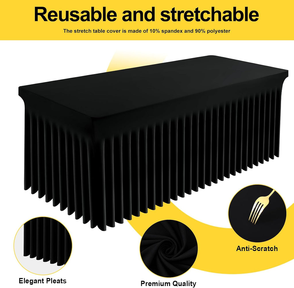 Smiry Spandex Tablecloth 4 Pack, Elastic Fitted Stretch Tablecloth for 8FT Rectangle Tables, Waterproof Washable Table Cover Skirt for Wedding, Banquet & Parties (Black, 96Lx30Wx30H Inch)