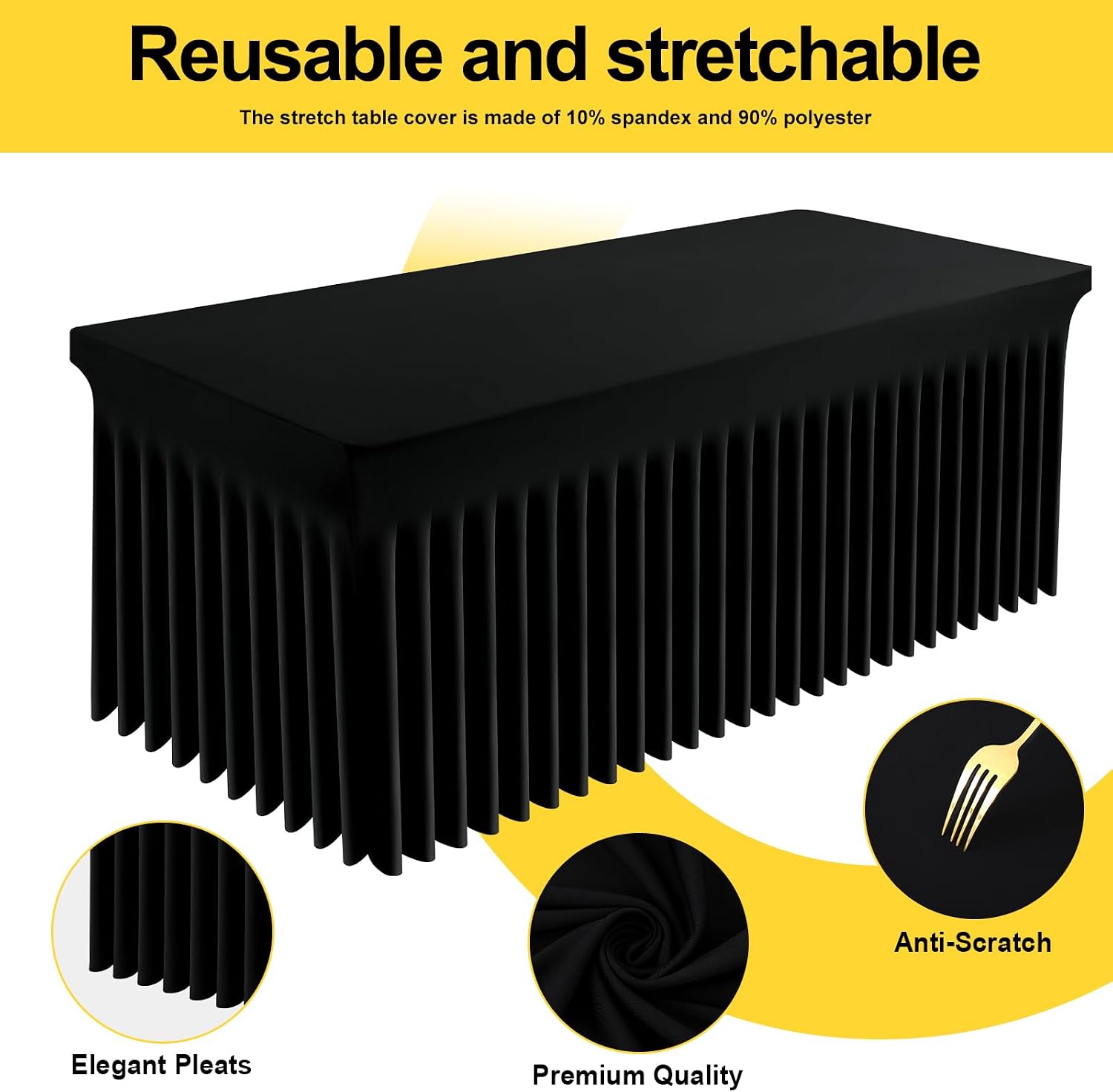 Smiry Spandex Tablecloth 4 Pack, Elastic Fitted Stretch Tablecloth for 8FT Rectangle Tables, Waterproof Washable Table Cover Skirt for Wedding, Banquet & Parties (Black, 96Lx30Wx30H Inch)