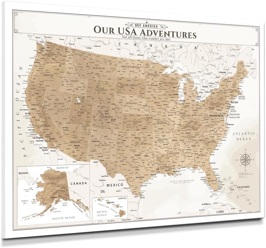 IPIC - Vintage Push Pin United States Map Canvas Wall Art, Oversized US Travel Map Print for Home, Office, Study or RV, Push Pin Board Decor to Track Your Travels, Ready to Hang