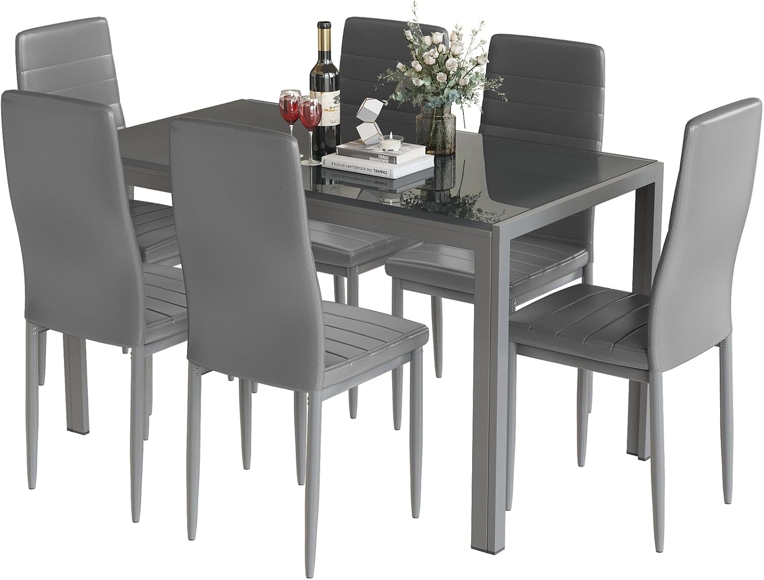 Recaceik 7 Piece Dining Table Set for 6, Tempered Glass Kitchen Table and PU Leather Chairs, Modern Dining Room Table Set for Small Space, Apartment