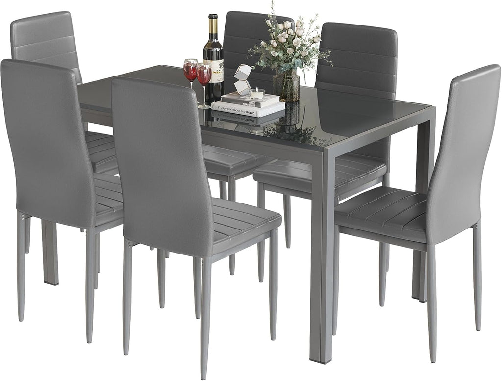 DKLGG 7-Piece Dining Table Set for 6, Tempered Glass Kitchen Table with PU Leather Chairs, Modern Dining Room Table Set for Small Space, Dinette, Apartment, Grey