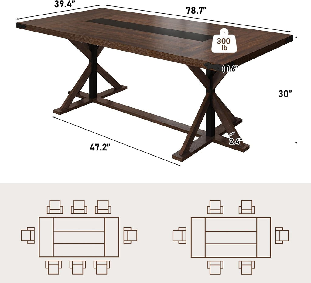 Hlivelood 78 Inch Dining Table for 8 People, Rectangular Kitchen Farmhouse Table W/Thickness Waterproof Wood Tabletop,Long Dining Room Tables W/Wood Strip Base for Kitchen Living Room(78IN Brown)