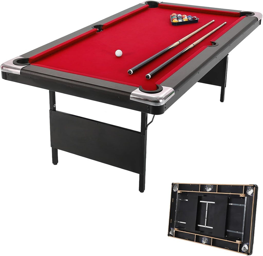 6,7 Foot Foldable Pool Table, Portable Billiards Table with Full Accessories Set, No Assembly, Metal k-Shaped Legs, Includes 16 Balls, 2 Cue Sticks, Chalk, Rack & Brush, Game Room Table for Home, Apar