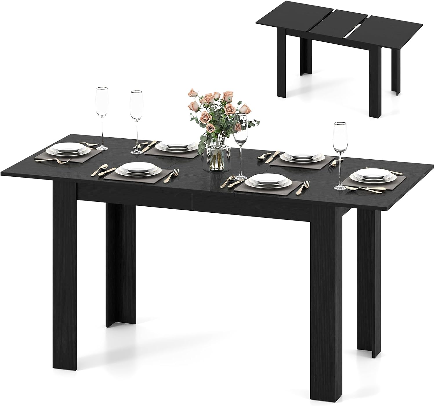 Giantex Extendable Dining Table for 4/6/8, 47'-62' Farmhouse Kitchen Table, Space-Saving Transformer Table for Dinette, Home Office, Living Room, Small Space (Black)