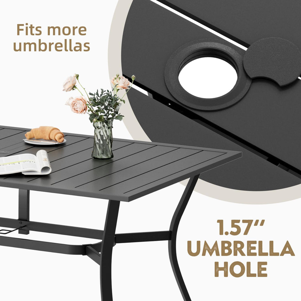 MELLCOM 7-Piece Outdoor Dining Set, 6 Swivel Rocker Chairs with High Back Textilene & Rectangular Metal Dining Table with Umbrella Hole, Patio Furniture Set for Porch, Deck, Brown