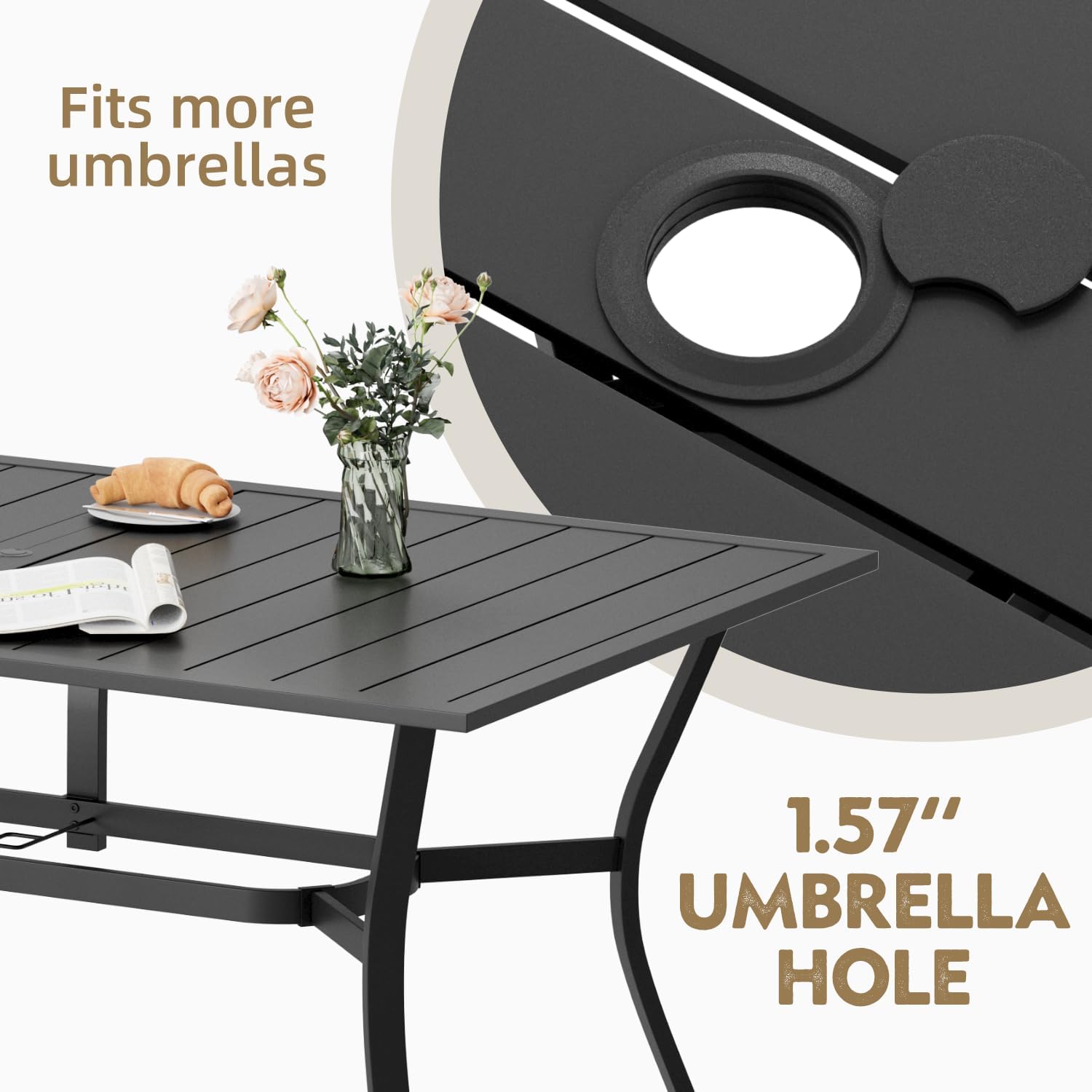 MELLCOM 7-Piece Outdoor Dining Set, 6 Swivel Rocker Chairs with High Back Textilene & Rectangular Metal Dining Table with Umbrella Hole, Patio Furniture Set for Porch, Deck, Brown