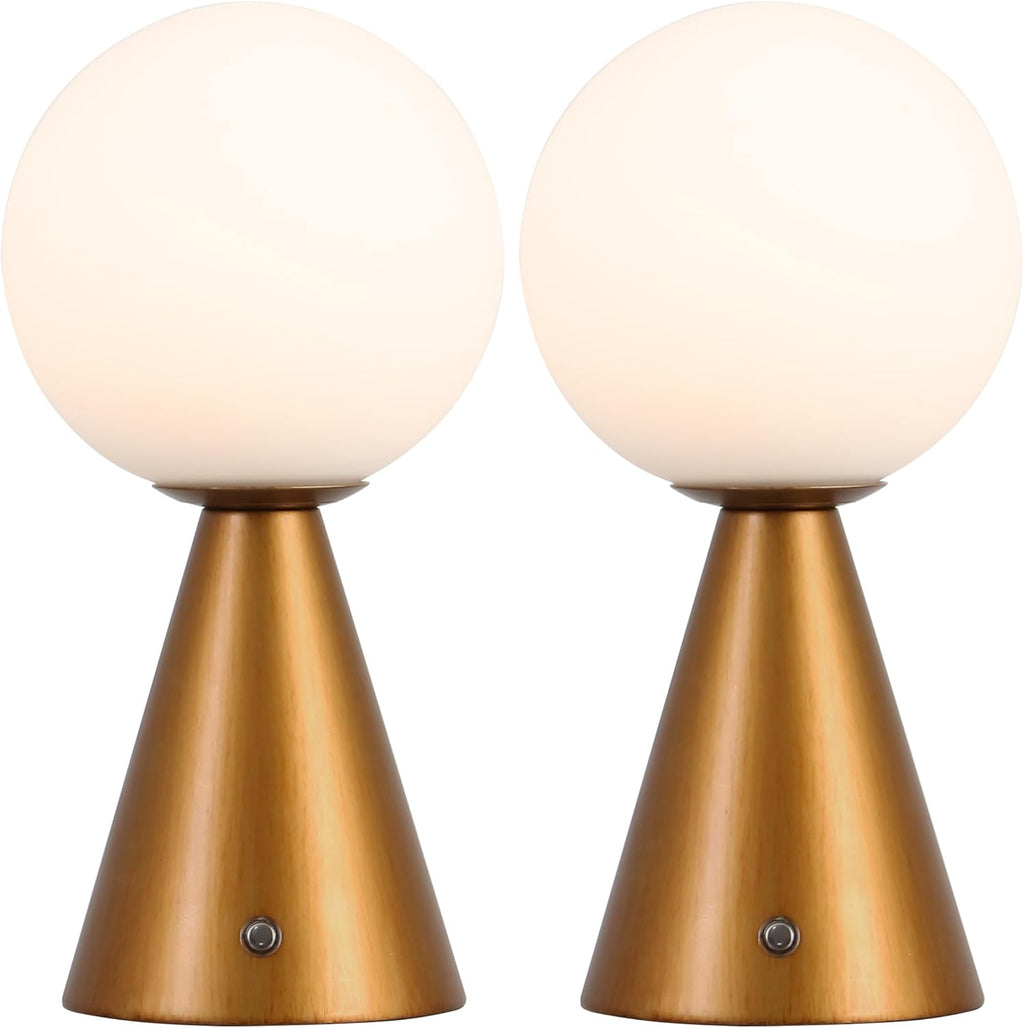 JONATHAN Y 11.75' Antique Gold Macie Modern Globe Cordless Table Lamp Set of 2, Rechargeable Dimmable Integrated LED Touch Sensor Bedside Lamp, White Frosted Glass Shade (JYL7159D-SET2)