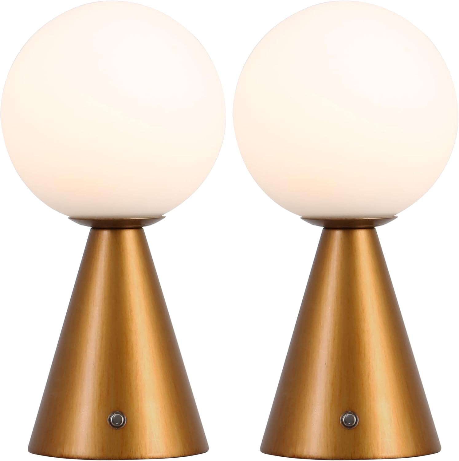 JONATHAN Y 11.75' Antique Gold Macie Modern Globe Cordless Table Lamp Set of 2, Rechargeable Dimmable Integrated LED Touch Sensor Bedside Lamp, White Frosted Glass Shade (JYL7159D-SET2)