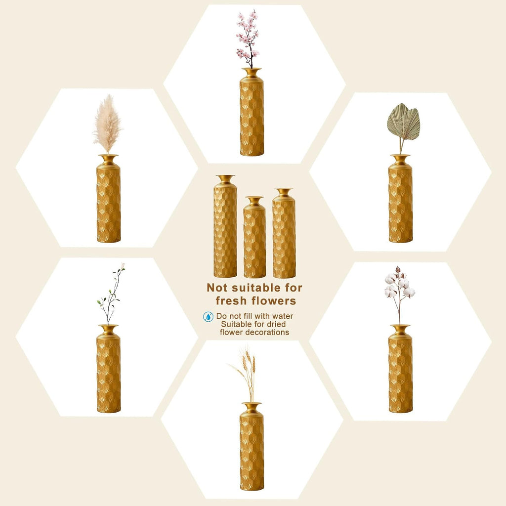 Set of 3 Gold Geometric Metal Floor Vases, 33.46' 25.59' 19.69' Tall Decorative Vase with Honeycomb Texture, Luxury Glam Floor Vase for Living Room, Entryway, Office, Pampas Grass & Dried Flower Decor
