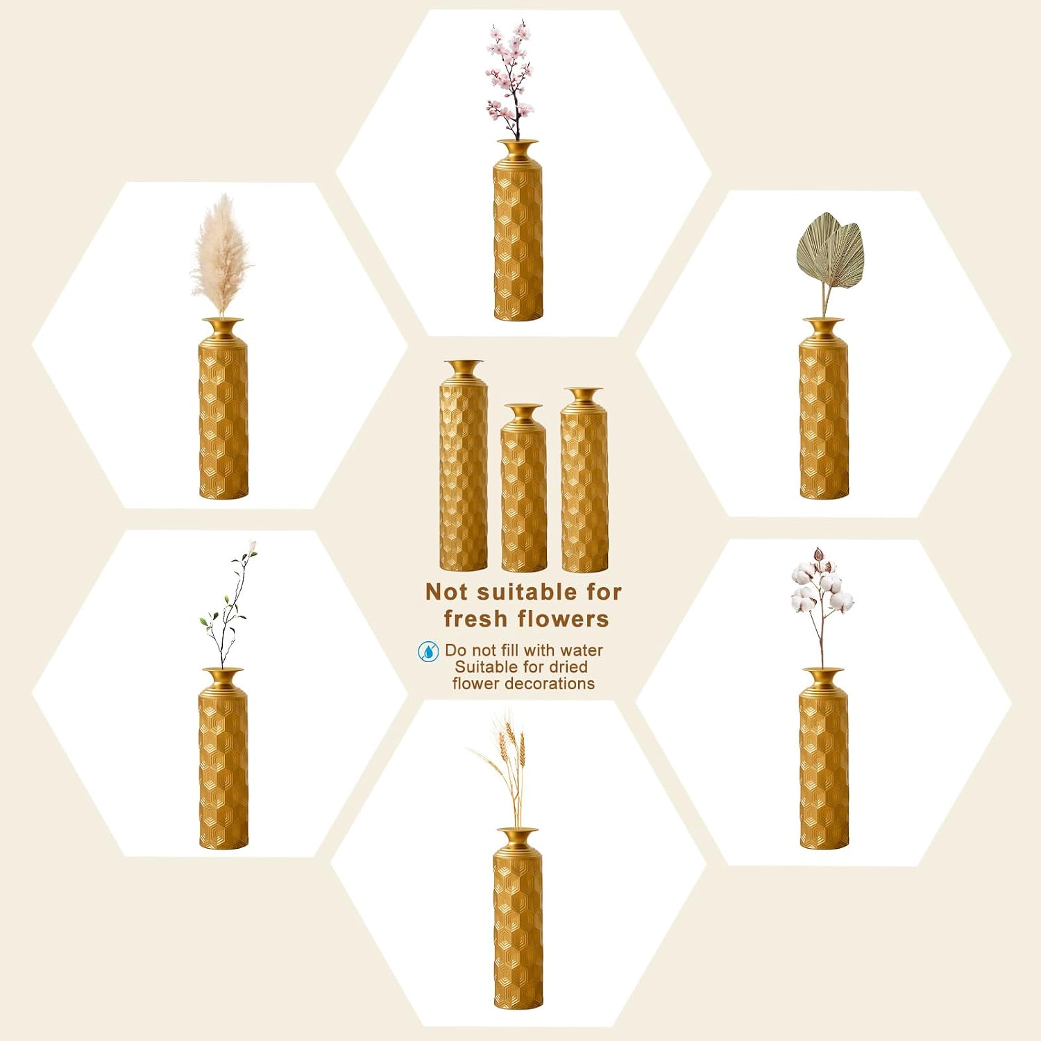 Set of 3 Gold Geometric Metal Floor Vases, 33.46' 25.59' 19.69' Tall Decorative Vase with Honeycomb Texture, Luxury Glam Floor Vase for Living Room, Entryway, Office, Pampas Grass & Dried Flower Decor