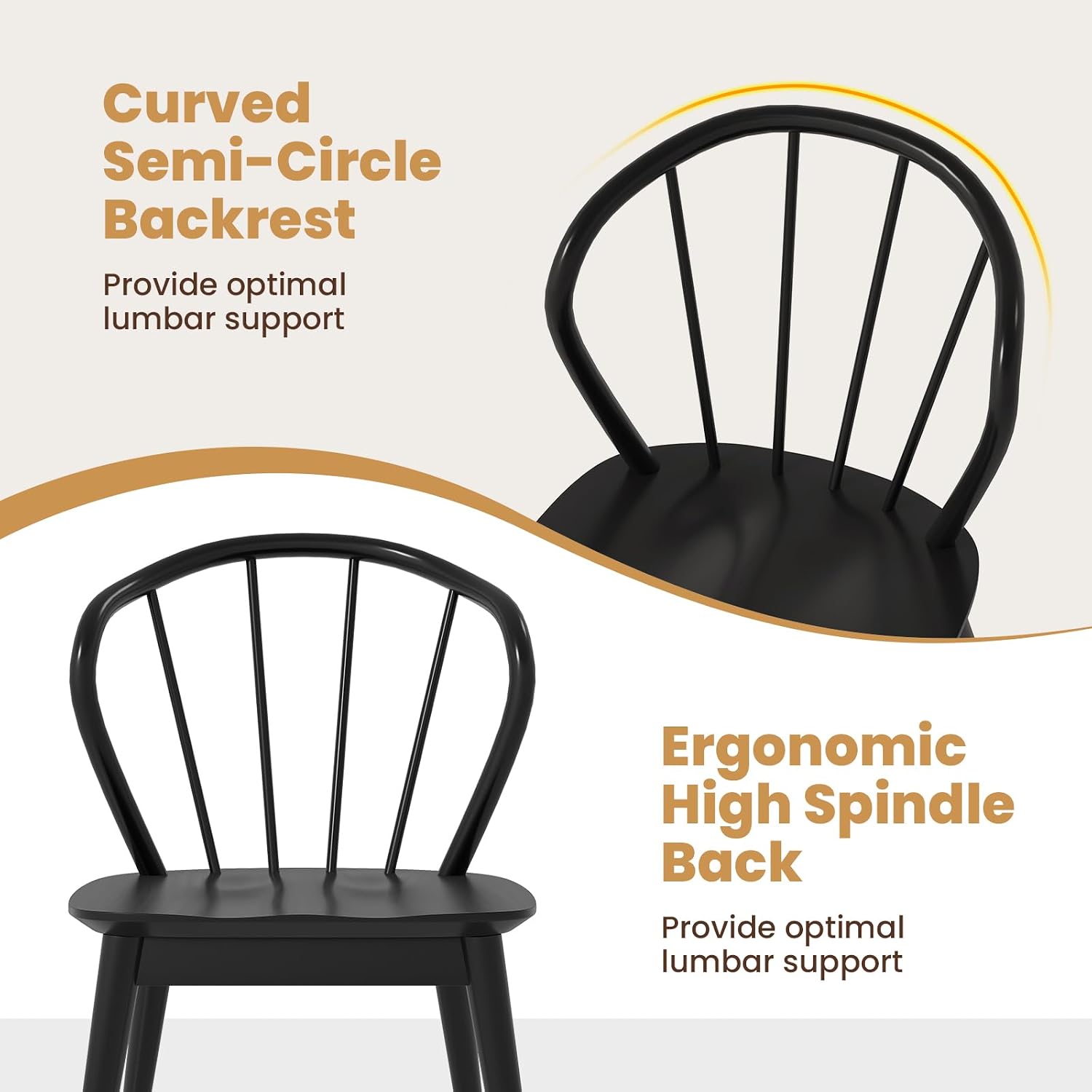 Giantex Wooden Dining Chairs Set of 2, Black Windsor Kitchen Chair w/High Spindle Back & Rubber Wood Legs, Wide Seat & Curved Backrest, Farmhouse Side Chairs, Armless Accent Chair for Home Restaurant