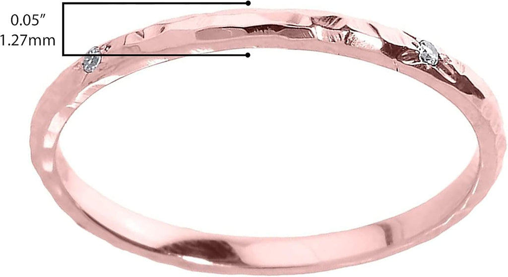 Modern Contemporary Rings 14K Rose Gold Diamond Accented Hammered Stackable Slender Ring with Starburst Engraved Flush Set Gems (J-K Color, I1-I2 Clarity)