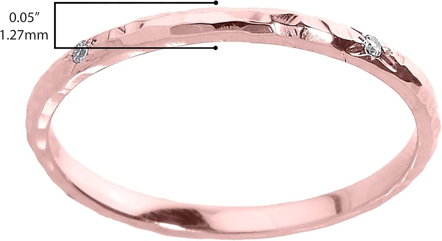 Modern Contemporary Rings 14K Rose Gold Diamond Accented Hammered Stackable Slender Ring with Starburst Engraved Flush Set Gems (J-K Color, I1-I2 Clarity)