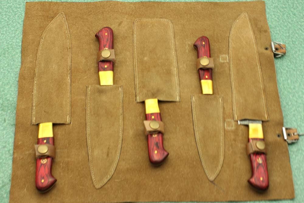 5 Pieces Damascus Steel Hammered Kitchen Knife Set, Custom Made Hand Forged Damascus Steel Full Tang Blade, Overall 54 inches Length of Hammered Damascus Sharp Knives, Cow Hide Suede Leather Sheath