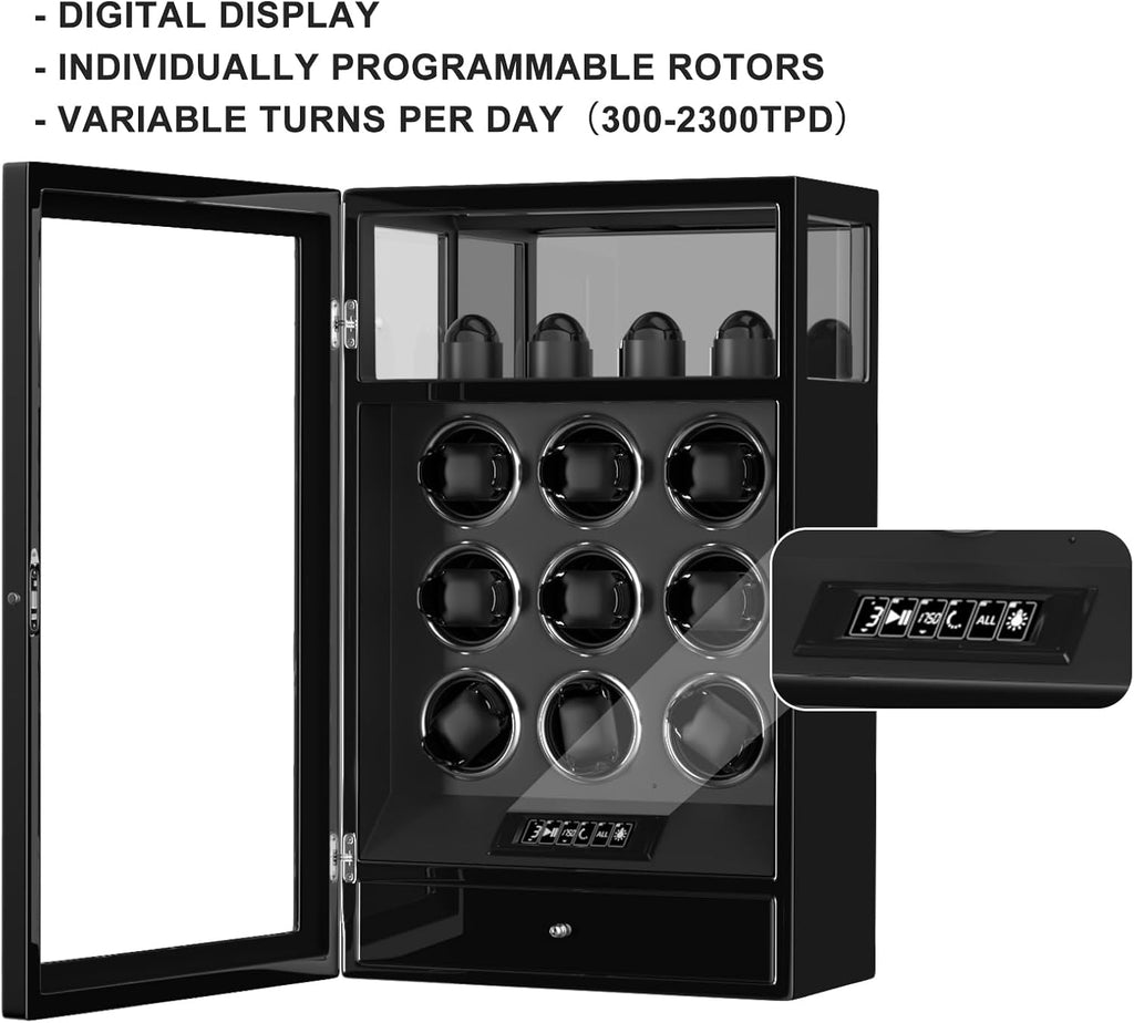 DUKWIN Watch Winder, Fingerprint Lock Automatic Watch Winder for 3/6/9 Watches with 4 Holders,300-2300 TPD,Digital Display, Remote Control,Jewelry Storage and Adjustable Watch Pillow and LED Light