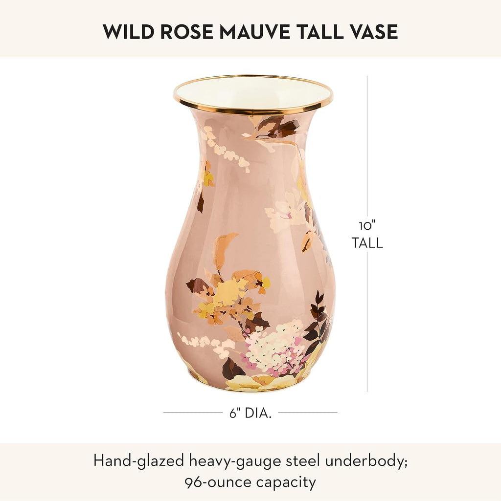 MACKENZIE-CHILDS Tall Enamel Vase, Unique Flower-Vase Decor for Living Room, Wild Rose Mauve
