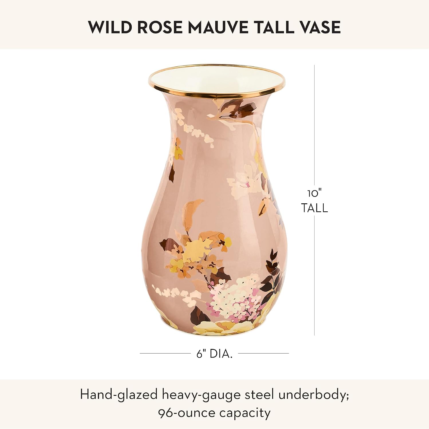 MACKENZIE-CHILDS Tall Enamel Vase, Unique Flower-Vase Decor for Living Room, Wild Rose Mauve