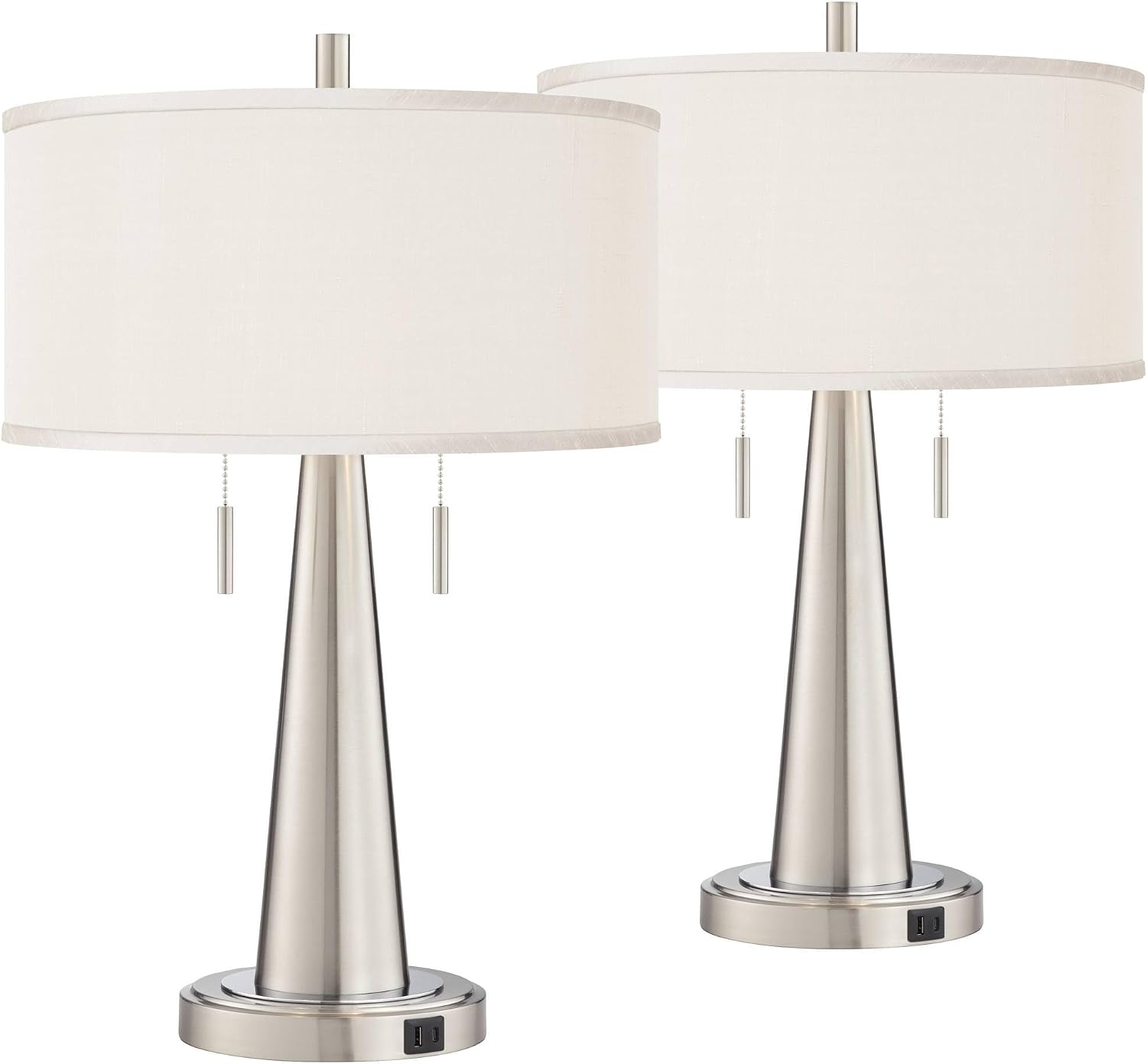 Possini Euro Design Vicki Modern Accent Table Lamps 23' Tall Set of 2 with USB Charging Ports Brushed Nickel Metal Cream Faux Silk Drum Shade for Bedroom Living Room House Desk Bedside Nightstand