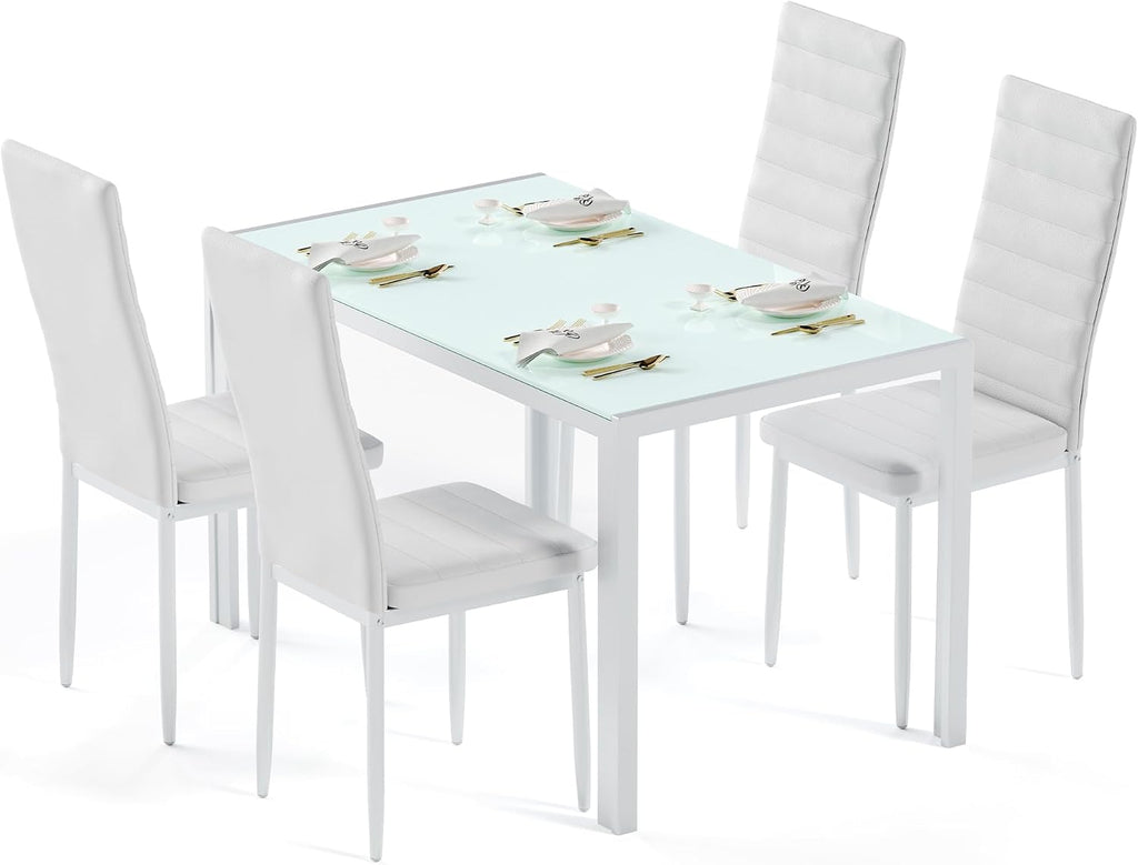 Bealife Kitchen Dining Table Set for 4, Tempered Glass 5 Piece Table and Chairs Set Modern for Home, Kitchen, Living Room, Dining Room, White