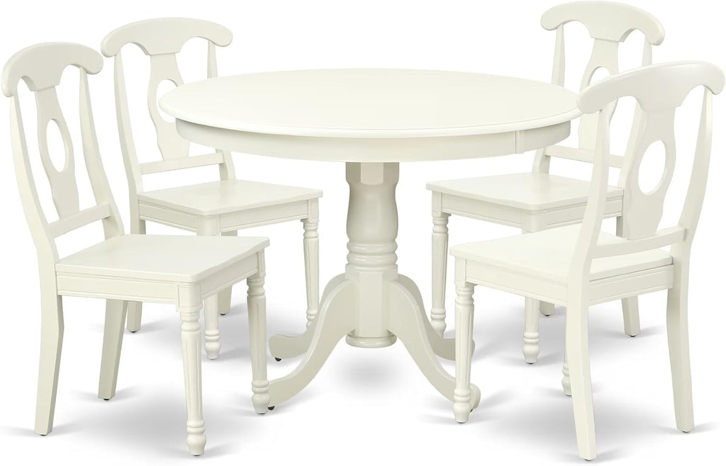East West Furniture HLKE5-LWH-W 5 Piece Dining Room Table Set Includes a Round Kitchen Table with Pedestal and 4 Dining Chairs, 42x42 Inch, Linen White