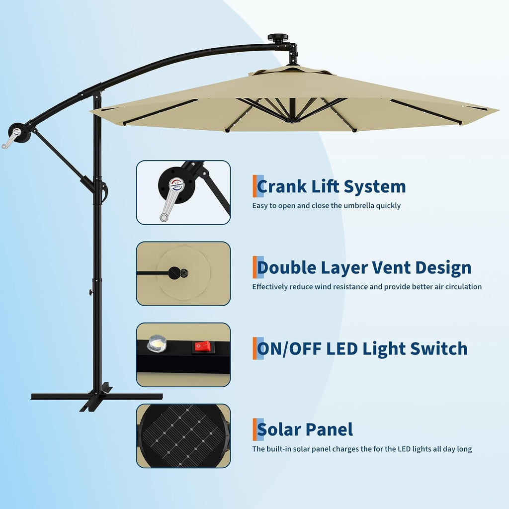 Garvee 10FT Solar Lights Cantilever Umbrella Outdoor Patio, Offset Patio Umbrella with Easy Lift & Tilt Adjustment, UV Protection Fade Resistant for Deck, Pool, Garden, Beige