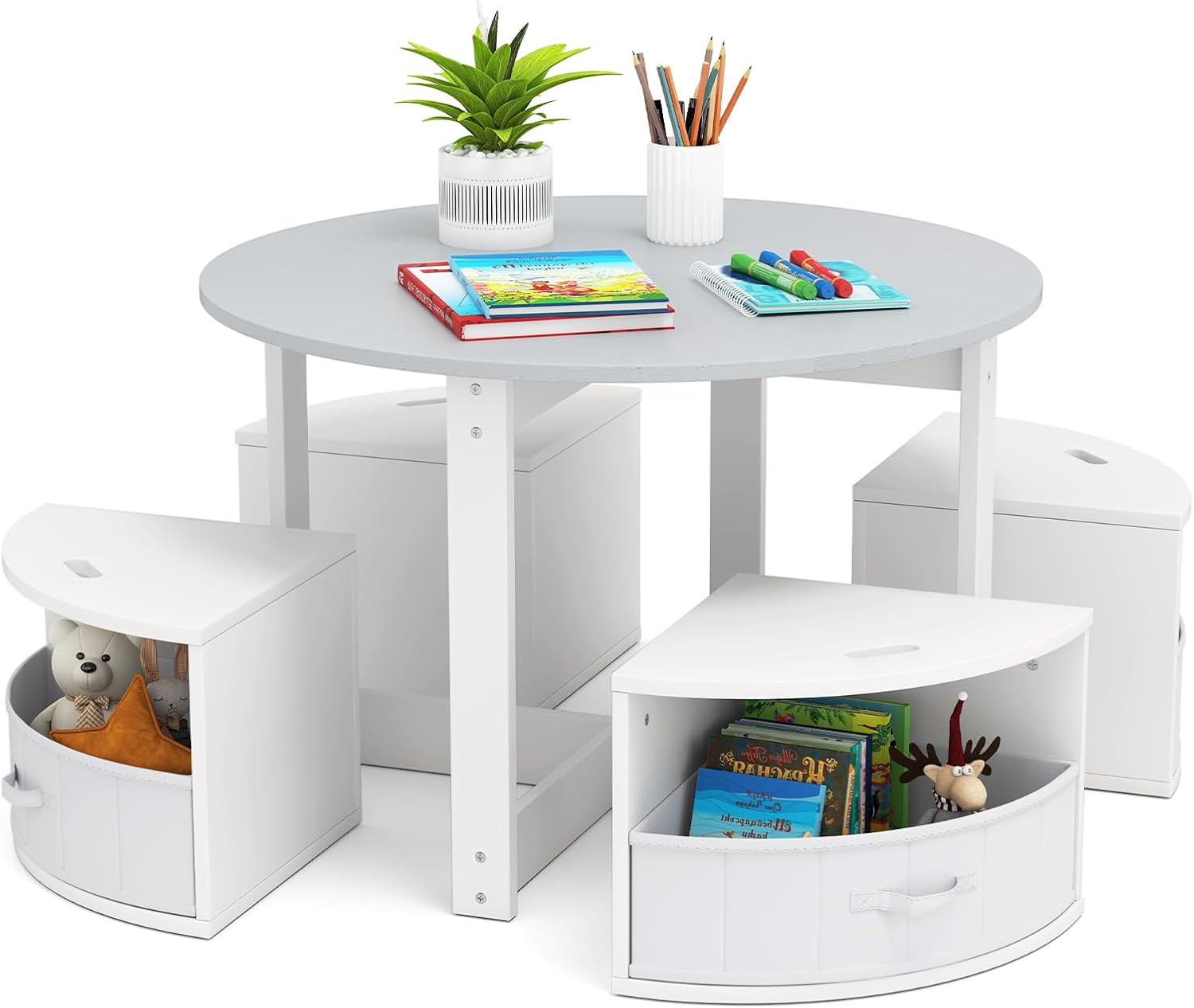 HONEY JOY Kids Table and Chair Set, Children Activity Play Table with 4 Storage Stools for Art Craft, Nesting Design Toddler Table and Chair Set for Playroom, Daycare, Gift for Boys Girls (Grey)